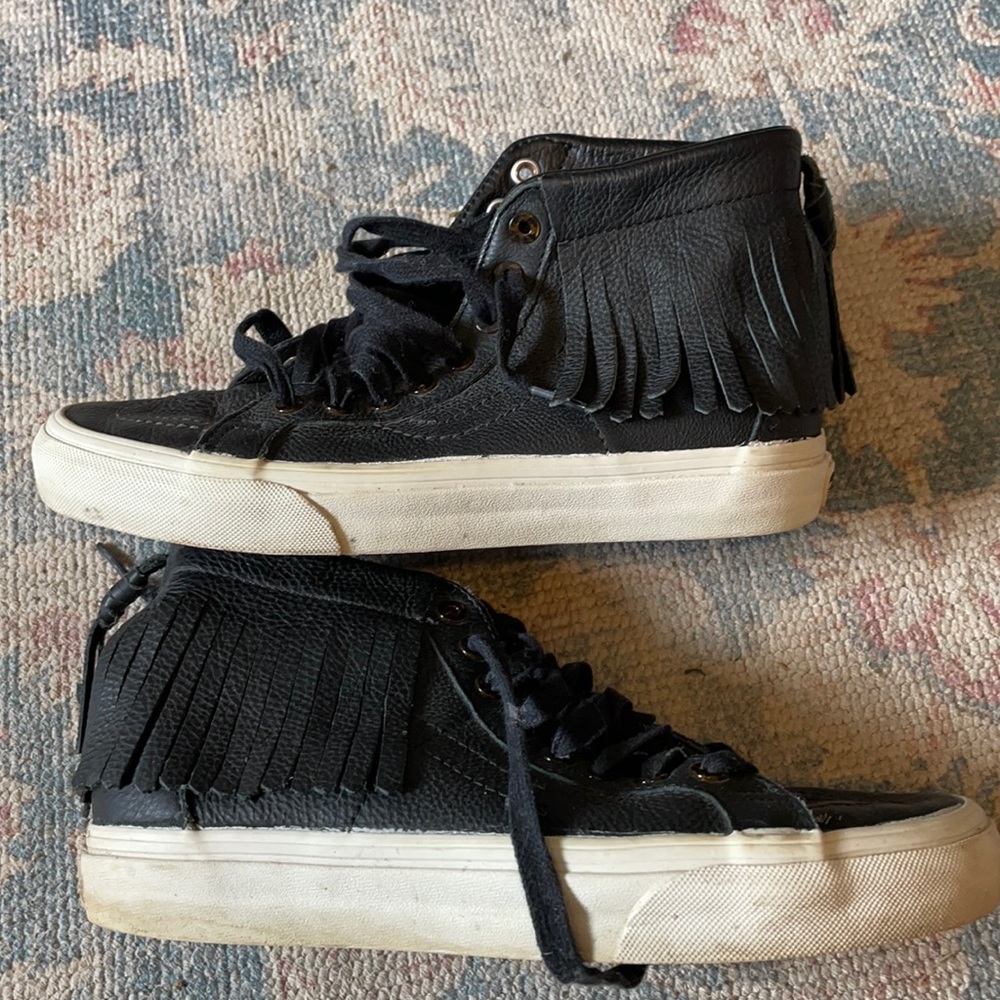 Women high top leather black vans with fringes